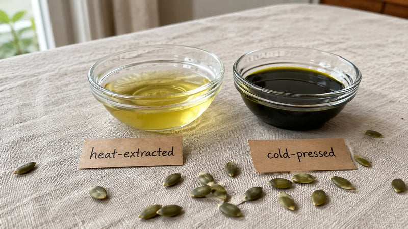 Heat-extracted pale oil next to deep green cold-pressed pumpkin seed oil