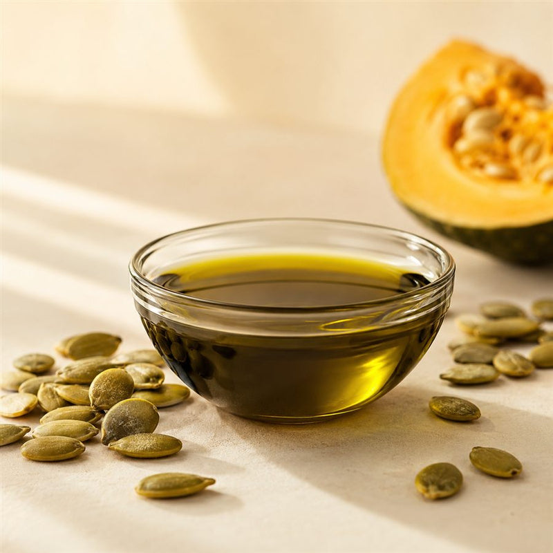 Deep green cold-pressed pumpkin seed oil in a glass bowl